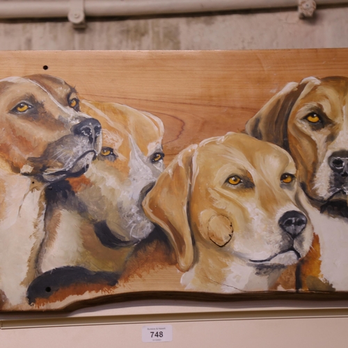 748 - Clive Fredriksson, hand painted wood plank, hunt dogs, signed, 35cm x 125cm