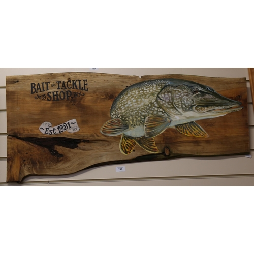 749 - Clive Fredriksson, hand painted wood plank, bait and tackle shop, signed, 44cm x 100cm