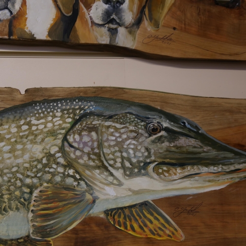 749 - Clive Fredriksson, hand painted wood plank, bait and tackle shop, signed, 44cm x 100cm