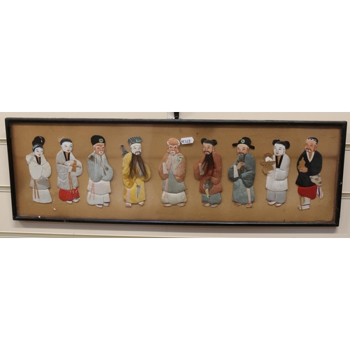 750 - Chinese hand painted mixed media 9 elders picture, framed, overall 22cm x 67cm