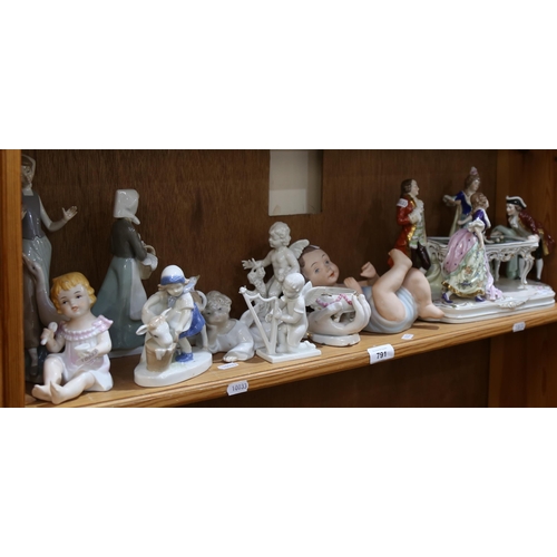 791 - Various porcelain and ceramics, including Lladro cherub, large German porcelain billiards group