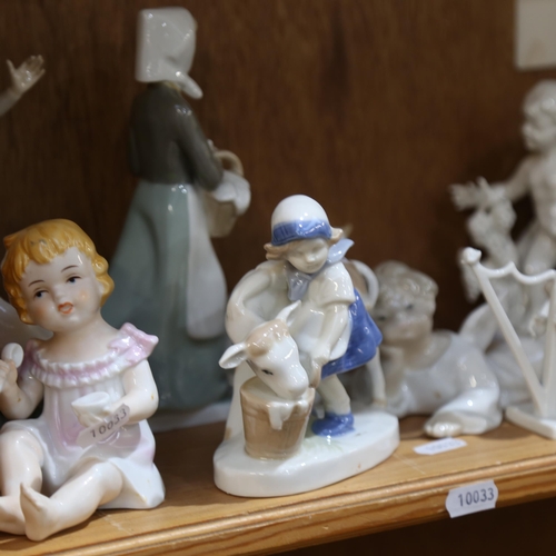 791 - Various porcelain and ceramics, including Lladro cherub, large German porcelain billiards group