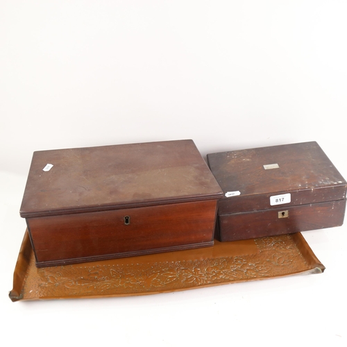 817 - Art Nouveau Newlyn style copper tray, small rosewood sewing box, and another mahogany box (3)