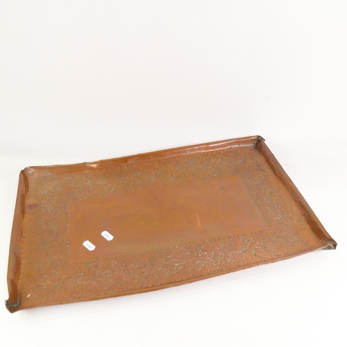 817 - Art Nouveau Newlyn style copper tray, small rosewood sewing box, and another mahogany box (3)