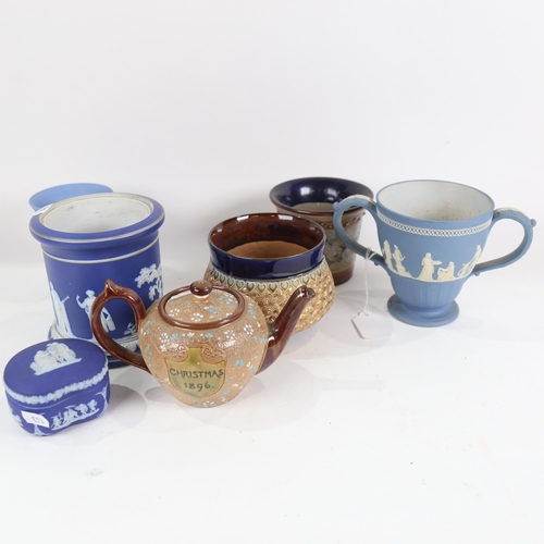 824 - A group of Wedgwood blue Jasper porcelain, 3 Doulton stoneware items