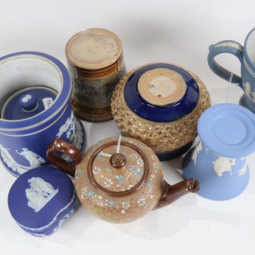 824 - A group of Wedgwood blue Jasper porcelain, 3 Doulton stoneware items