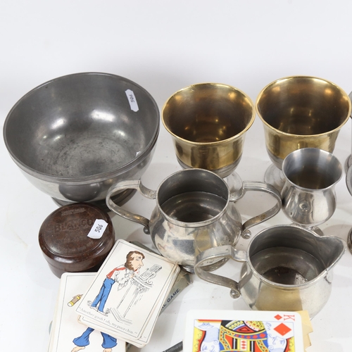 830 - Pewter beakers, gilded pewter goblets with touch marks, playing cards etc