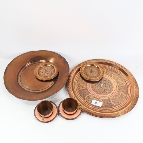 831 - An 18th century Middle Eastern copper bowl, a pair of Lenk copper and enamel teacups and saucers etc