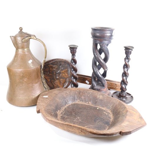 835 - Various carved wood items, including barley twist candlesticks, bellows, food bowl etc