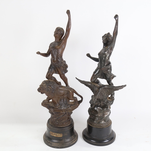 837 - A pair of spelter sculptures, including La Force, on plastic bases, largest height 44cm