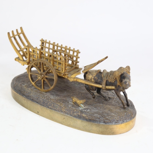 838 - A gilded and patinated bronze ornamental horse-drawn hay cart on stand, probably early 20th century,... 