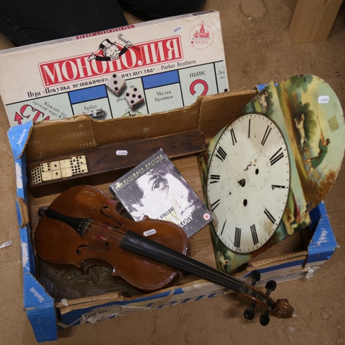 851 - Various collectables, including 18th century hand painted longcase clock dial, Maidstone violin, bon... 