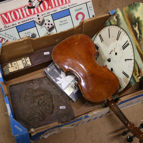 851 - Various collectables, including 18th century hand painted longcase clock dial, Maidstone violin, bon... 