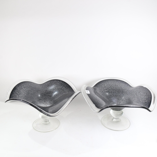 864 - Large pair of black and clear glass wavy table centre bowls, diameter 42cm