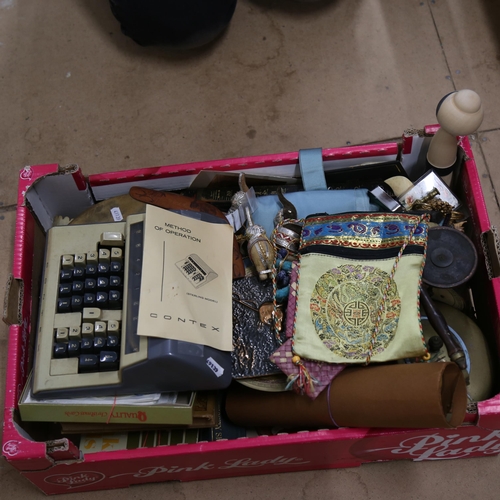 866 - Various collectables, including WW2 medals, tambourine, Contex machine, Kokeshi doll etc (boxful)