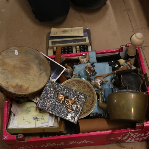 866 - Various collectables, including WW2 medals, tambourine, Contex machine, Kokeshi doll etc (boxful)