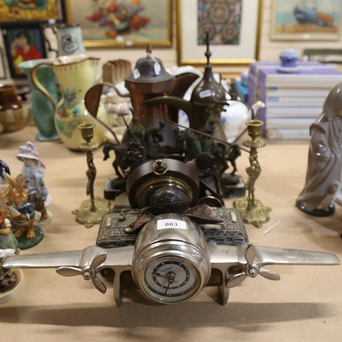 883 - Various metalware and collectables, including Tower Bridge aeroplane clock, Black Forest carved wood... 