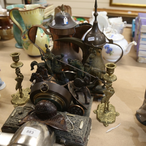 883 - Various metalware and collectables, including Tower Bridge aeroplane clock, Black Forest carved wood... 