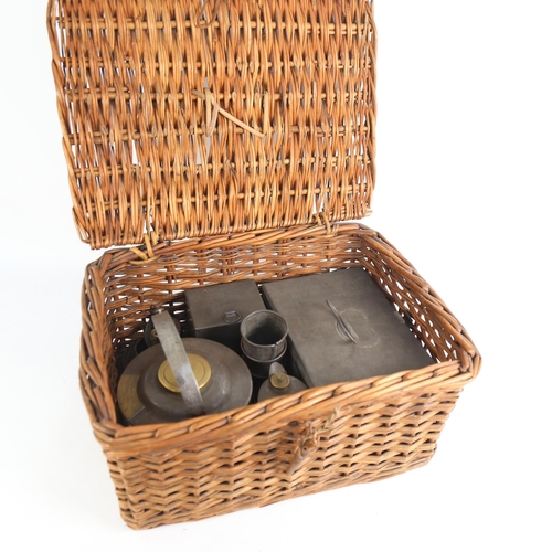 36A - 1930s motor car travelling wicker picnic basket, containing original fittings, by G W Scott & Son, i... 