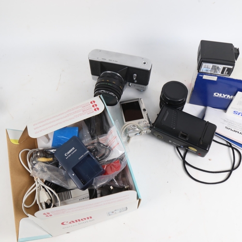 899 - Various cameras and accessories, including Olympus AF-10, Zenit-E, Velbon D-400 tripod etc