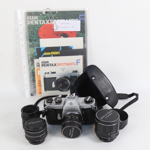 900 - A Pentax SLR Spotmatic F camera, with screw-fit Pentax Takumar 35mm lens, and 2 extra lenses, a Taku... 