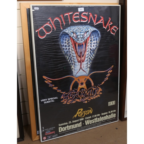 914 - A framed advertising poster for White Snake featuring very special guest Aerosmith, in Dortmund 25th... 