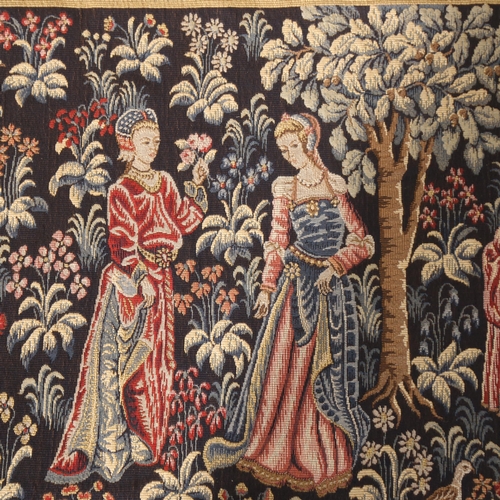 943 - A machine-made Point De Loiselles woolwork Medieval scene tapestry, 70cm x 155cm