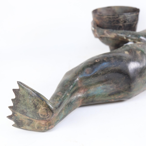 951 - A large novelty verdigris reclining frog and chalice, length 60cm