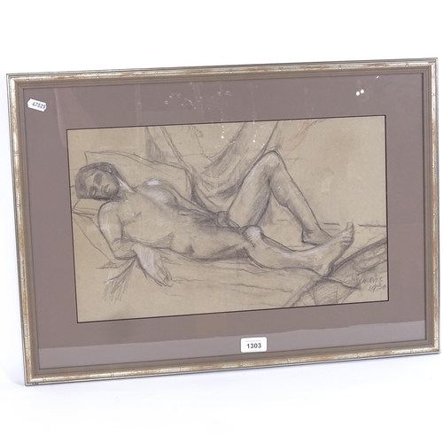 1303 - A pencil and crayon drawing, nude study, signed with monogram and dated 1980, framed, overall 44cm x... 