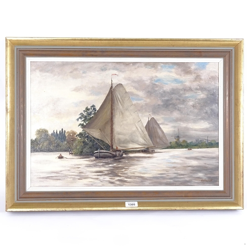 1305 - Victor Trevett, oil on canvas, Dutch barges, signed, 40cm x 60cm, framed