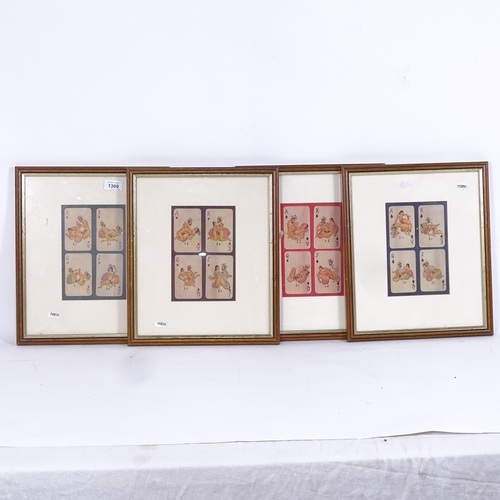 1309 - A set of 16 coloured Persian prints, erotic studies, mounted in 4 frames