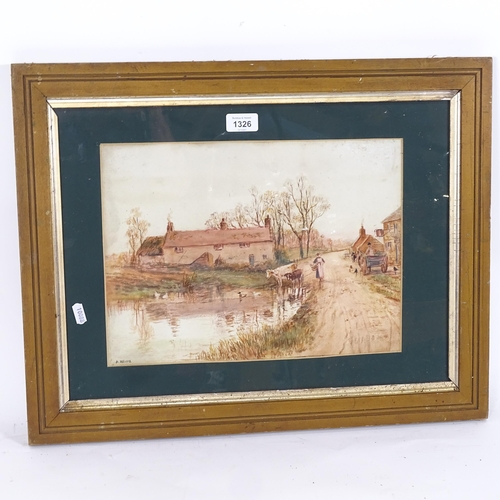 1326 - D Watts, watercolour, village life, framed, overall 45cm x 58cm