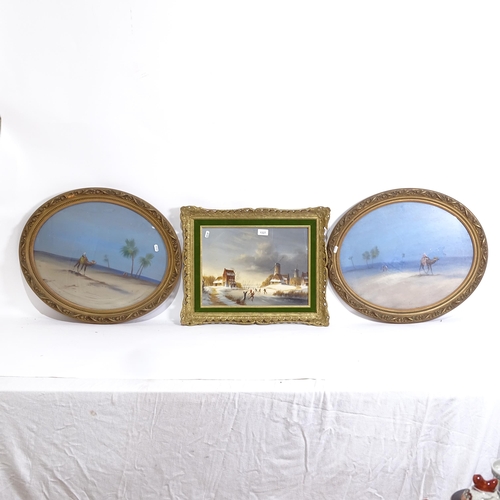 1327 - David Beatty, oil on board, modern Dutch winter scene, framed, and a pair of oval oils, Middle Easte... 