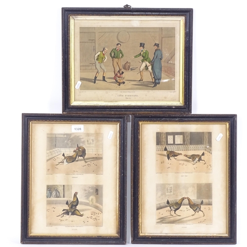 1328 - H Alken, 3 x 19th century hand coloured prints, cock fighting, framed