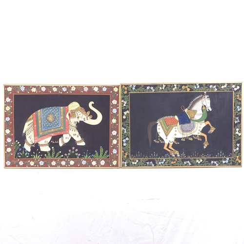 1331 - A pair of Batiks on linen, a ceremonial elephant and horse, overall 55cm x 78cm