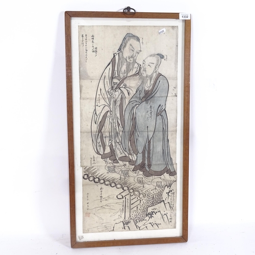 1332 - A Japanese coloured woodblock print, study of 2 sages, framed, overall 80cm x 42cm