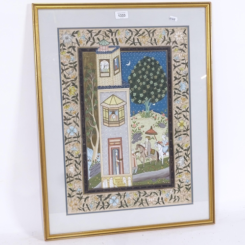 1333 - A Middle Eastern coloured print, figures in a tower, framed, overall 68cm x 53cm