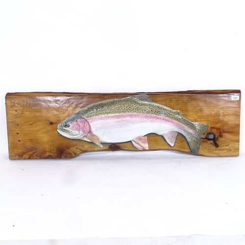 1337 - Clive Fredriksson, hand painted plank, Rainbow trout, 34cm x 118cm