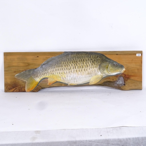 1338 - Clive Fredriksson, hand painted plank, Mirror carp, 34cm x 119cm