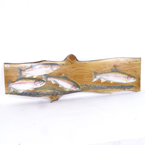 1339 - Clive Fredriksson, hand painted plank, shoal of trout, 40cm x 131cm