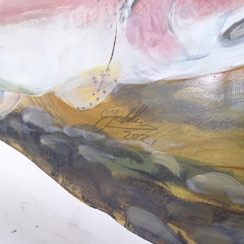 1339 - Clive Fredriksson, hand painted plank, shoal of trout, 40cm x 131cm