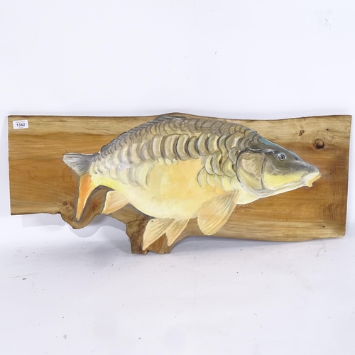 1342 - Clive Fredriksson, hand painted plank, Carp, 38cm x 88cm