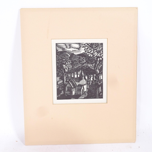 1344 - Eric Ravilious (1903 - 1942), wood engraving, church under a hill 1926, image 12cm x 10cm, mounted