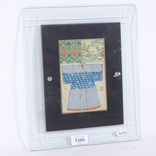 1345 - Japanese colour woodblock print, Kimono robes, signed, framed, image 16cm x 10cm