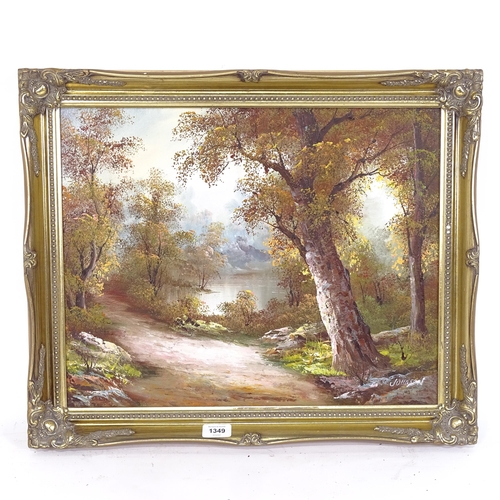 1349 - Modern oil on board, woodland scene, signed Johnson, framed, overall 49cm x 59cm