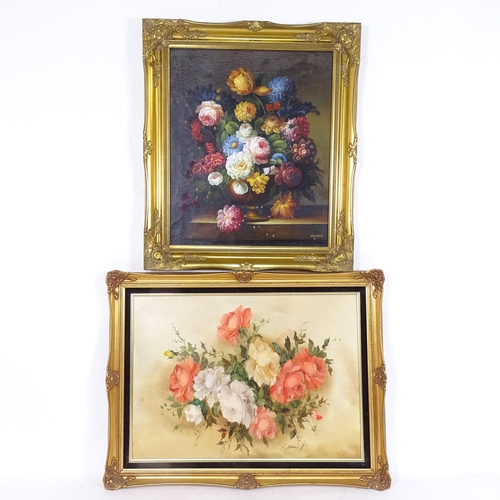 1352 - 2 modern oils on canvas, still life flowers, both signed, framed, portrait overall 74cm x 65cm