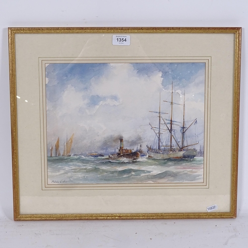 1354 - Malcolm Winton, watercolour, steam tug boats and ship, signed, framed, overall 42cm x 50cm