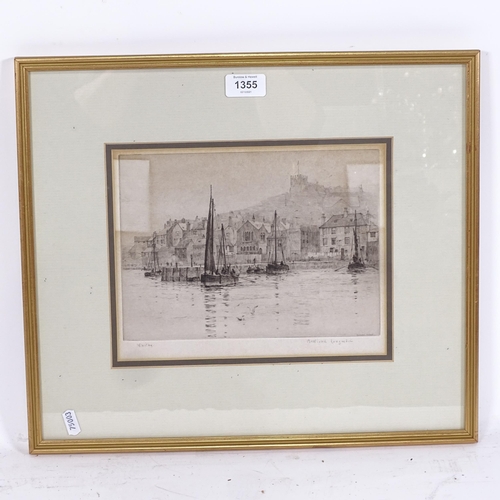 1355 - Rowland Langmaid, etching, boats at Whitby, pencil signed, framed, overall 38cm x 44cm