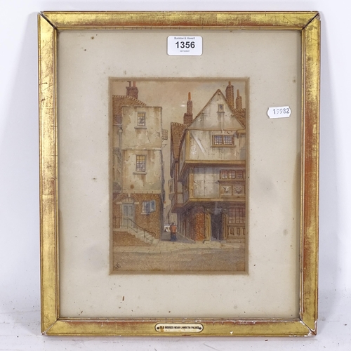 1356 - James Lawson Stewart, 19th century watercolour, old houses near Lambeth Palace with passage leading ... 