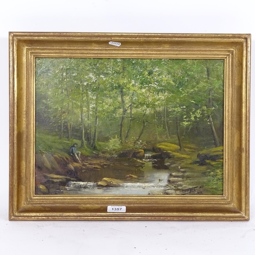 1357 - Frugier, 19th century oil on canvas, figure near woodland stream, signed and dated 1896, framed, ove... 